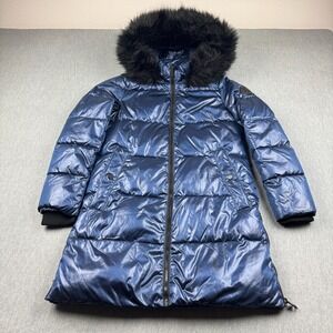 DKNY Jacket Womens XS Blue High‎ Shine Faux Fur Trim Hooded Puffer Coat Winter